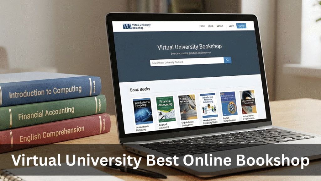 Virtual University student study desk with laptop and textbooks titled Introduction to Computing, Financial Accounting, and English Comprehension.