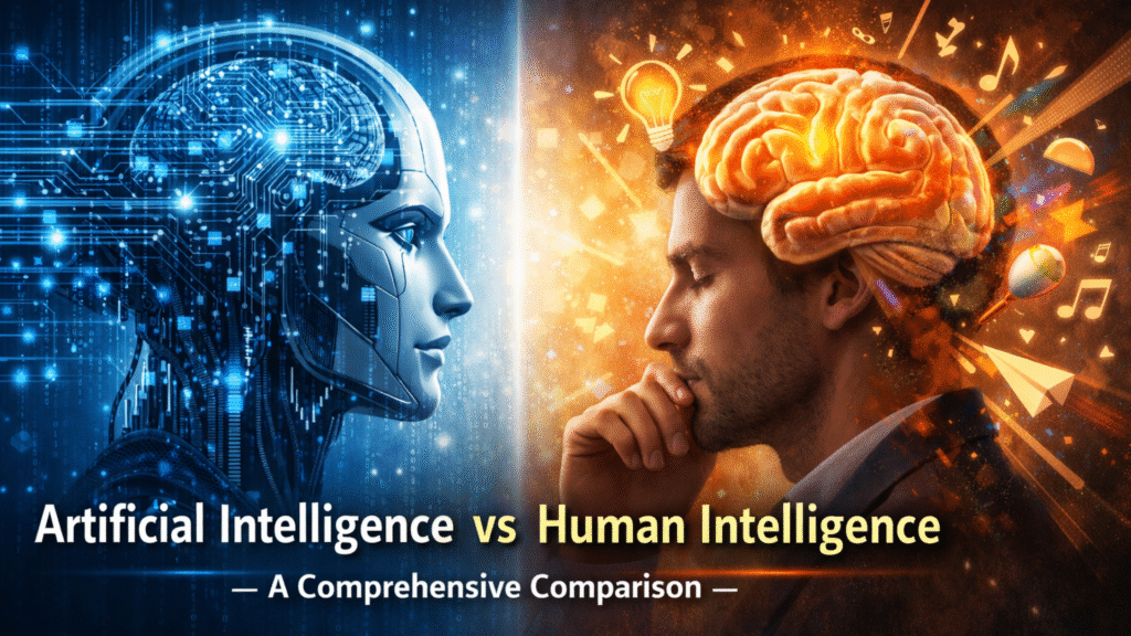 Comparison of artificial intelligence and human intelligence showing logic, data processing, creativity, and emotions.